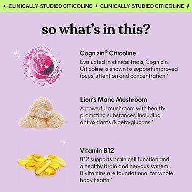 Lemme Focus Concentration & Brain Health Gummies With Cognizin Citicoline Lion'S Mane Mushroom Vitamin B12 To Support Focus Concentration - Gluten Free Caffeine Free Strawberry (50 Count)