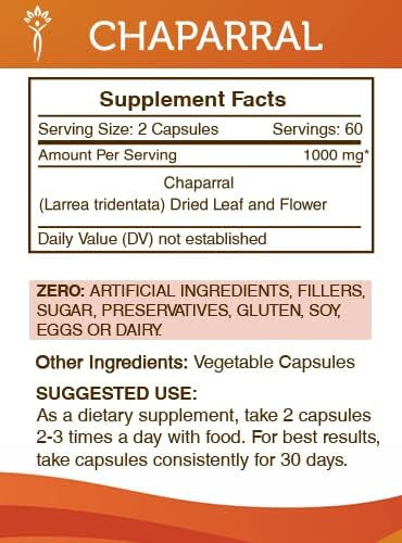 Secrets of the Tribe Chaparral 120 Capsules, 1000 mg, Chaparral (Larrea tridentata) Dried Leaf and Flower (120 Capsules)