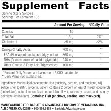 Bariatric Advantage Omega3 300 Epa Dha Fish Oil Capsules Concentrated Source Of Fatty Acids From Sustainably Sourced Cold Water Fish Lemon Lime 270 Softgels