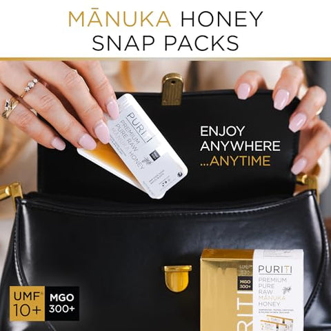 PURITI Genuine Raw Manuka Honey Snaps On The Go - UMF 10+ (MGO300+) 21 x 0.18oz Individual Snap Packets, Single Serve Honey Sticks for Tea, Travel & Snacks, Certified, Authentic Made in New Zealand