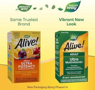 Nature'S Way Alive Adult Ultra Multivitamin, Promotes Energy Metabolism, Heart & Muscle Function, With B-Vitamins Including Methylated B12, Gluten Free, 60 Tablets (Packaging May Vary)