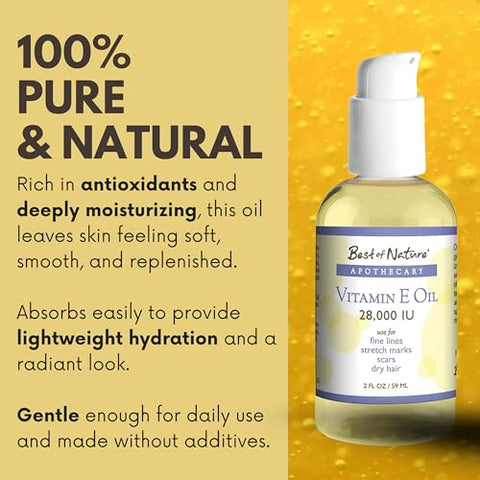 Best of Nature Vitamin E Oil 28000 IU Unscented Moisturizer with Fractioned Coconut Damage Repair Formula for Hair Skin Face and Hands