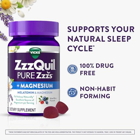 Vicks Zzzquil Pure Zzzs Magnesium Sleep Aid Magnesium Citrate And Melatonin Gummies Melatonin 2Mg Sleep Aids For Adults Mixed Berry Flavored 60 Sleep Gummies