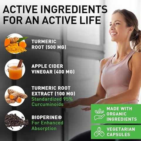 Pius Nature 120 Capsules Of Usda Organic Turmeric Root Powder Usda Organic Ginger Powder And Apple Cider Vinegar Powder With Curcumin (95% Curcuminoids) And Bioperine 1410 Mg Per Serving In Veggie Capsules