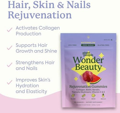 Plant People Wonderbeauty Hair Skin & Nails Rejuvenation Gummies With Tremella Mushroom Marine Collagen Peptides Keratin & Biotin â€“ Watermelon Flavor 60 Gummies
