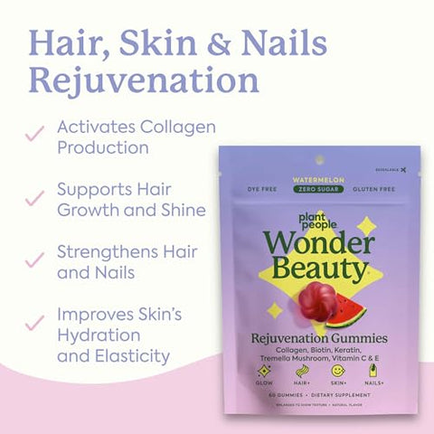 Plant People WonderBeauty Hair Skin and Nails Rejuvenation Gummies with Tremella Mushroom Marine Collagen Peptides Keratin and Biotin Watermelon Flavor 60 Gummies