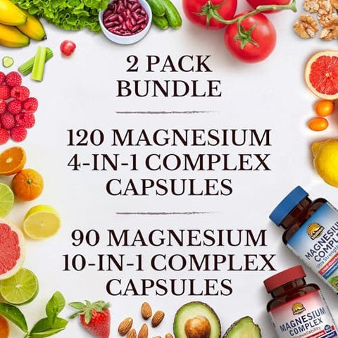 Vitalitown Ultimate Magnesium Bundle (Pack Of 2) Magnesium 4-In-1 Complex (Item 1) & Magnesium 10-In-1 Complex (Item 2) 120 + 90 Capsules
