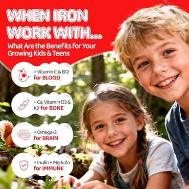 Natisland Iron Gummies For Kids & Teens Kids Multivitamin With Iron Supplement Vitamin B Complex A C D3 Calcium Zinc Dha Prebiotic Blood Builder & Energy Support For Iron Deficiency Vegan 60 Ct