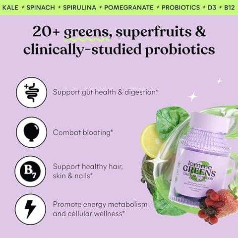 Lemme Greens Superfood Gummies W/Multi - Support Gut Health & Reduce Bloating 20 Organic Greens And Superfruits Clinically Studied Probiotics D3 B12 - Berries & Greens Flavored (60 Count)