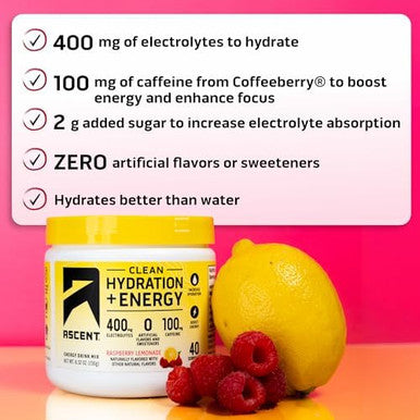 Ascent 100% Whey Protein Powder, Vanilla Bean 4 Lb & Hydration + Energy Electrolytes, Raspberry Lemonade 40 Servings