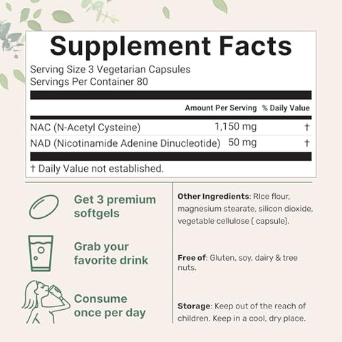 Micro Ingredients Nac With Nad 240 Vegetarian Capsules 1200 Mg Per Serving 2-In-1 N-Acetyl-L-Cysteine With Nicotinamide Adenine Dinucleotide Non-Gmo Cgmp Manufactured