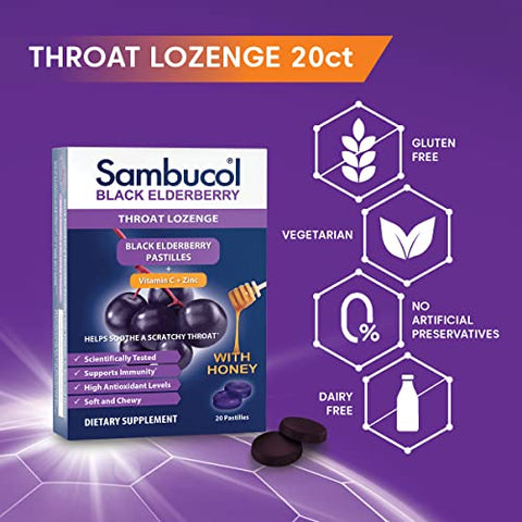 Sambucol Black Elderberry Throat Lozenge - Sore Throat Drops With Black Elderberry Honey Vitamin C & Zinc Sore Throat Relief For Adults & Kids Soothes Cough Soft & Chewy - 20 Count Pack Of 2