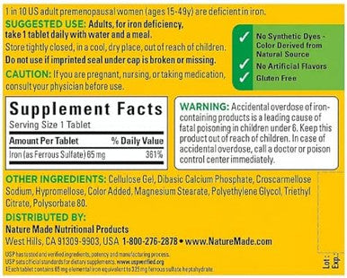 Nature Made Iron 65 Mg (From Ferrous Sulfate) Tablets For Red Blood Cell Formation (365 Ct.).