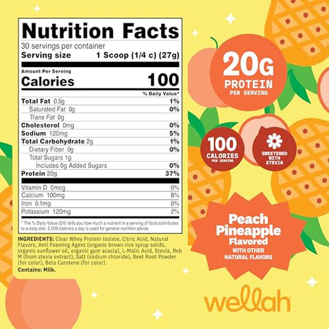 Wellah Clear Whey Protein Isolate Powder (Peach Pineapple) 30 Servings - 20G Of Protein 100 Calories Sweetened With Stevia