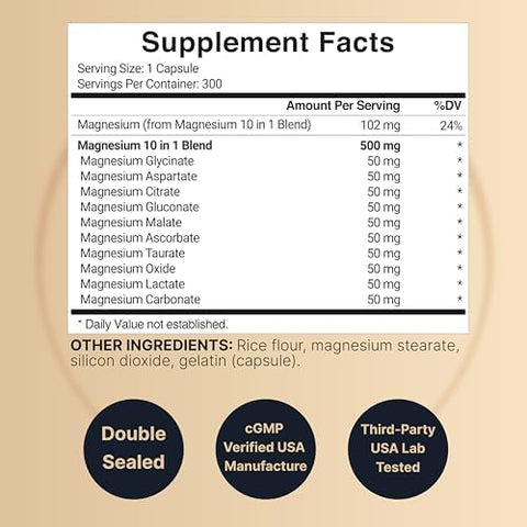 Magnesium Complex 500mg 300 Capsules 10in1 Magnesium Glycinate Citrate Malate and More Chelated Form for Easy Absorption NonGMO