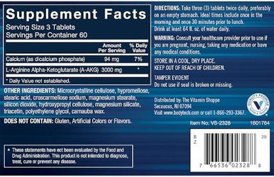 Bodytech Arginine Akg (Arginine Alpha Ketoglutarate) 3000 Mg - Nitric Oxide Precursor, 60 Servings (180 Tablets)