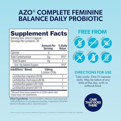 Azo Complete Feminine Balance Daily Probiotics For Women Clinically Proven To Help Protect Vaginal Health Balance Ph And Yeast Nongmo 30 Count