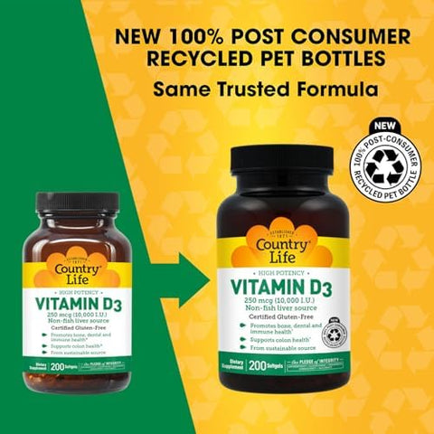 Country Life Vitamin D3 10000 IU High Potency NonFish Source Bone and Immune Support Certified GlutenFree 200 Softgels