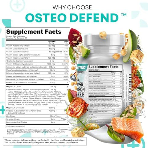 Allin1 Calcium Magnesium Zinc Supplement with Potassium Copper Strontium Silica Vitamin D3 K2 Boron Vitamin B1 B12 Red Clover Herb Alfalfa Basil Pills for Men and Women Clean Nutra Osteo Defend