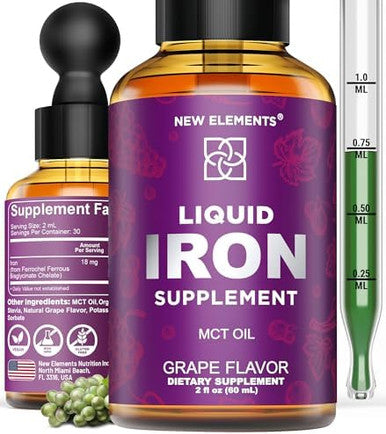 Elements Iron Supplement For Women & Men Blood Builder, Iron Vitamin For Anemia Liquid Iron Drops For Adults With Mct Oil, Natural Grape Flavor, Faster Absorption & Immune Support (2 Fl Oz)