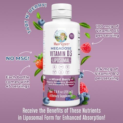 Maryruth Organics Kids Multivitamin Liposomal (Strawberry Cherry and Vanilla) and Vitamin D3 Liposomal (Mixed Berry) Clean Label Project Verifieda' Vitamins For Immunity and Overall Wellness Vegan NonGmo