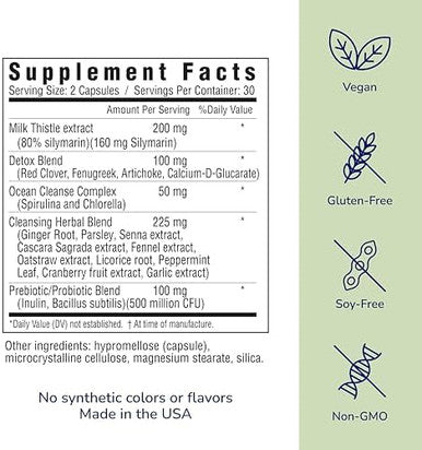 her own Cleanse Gentle Detox Supports Healthy Gut Ocean Algae Cleanse Prebiotic Probiotic Blend Cleansing Herbal Blend Gluten and Soy Free Vega Multicolor