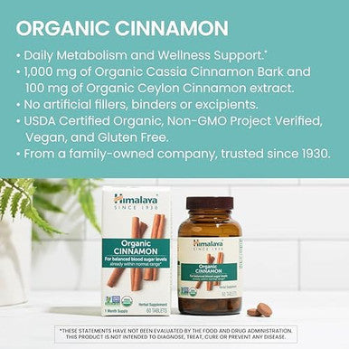 Himalaya Organic Cinnamon For Glycemic Support 1100 Mg Daily 60 Tablets From Cassia Cinnamon Bark And Ceylon Cinnamon Extract Nongmo Project Verified Vegan Gluten Herbal Supplement