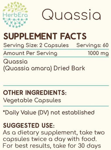 HerbEra Quassia 120 Capsules, 500 mg, Wildcrafted Quassia (Quassia Amara) Dried Bark (120 Capsules)