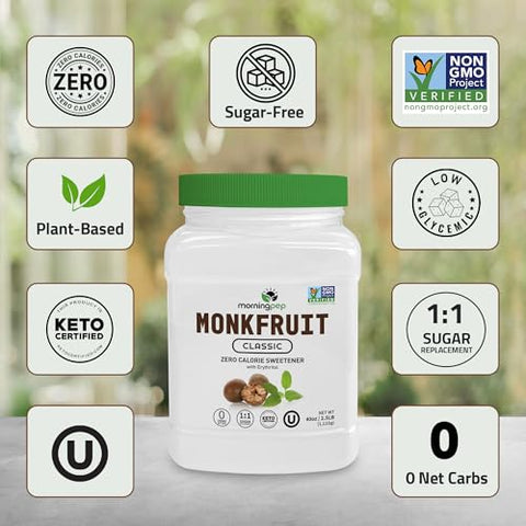 Morning Pep Monk Fruit Sweetener, Classic | White Sugar Substitute 2.5 lb and Morning Pep Monk Fruit Sweetener, golden Sugar Substitute, 2.5 lb