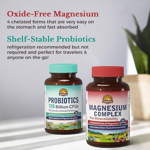 Vitalitown Magnesium + Probiotic Bundle (Pack Of 2) Magnesium Complex (Item 1) & Probiotics 120 Billion Cfus (Item 2) 120 Magnesium Capsules & 30 Probiotic Capsules
