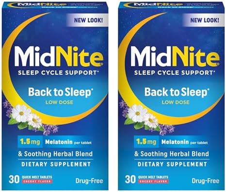 Midnite Back To Sleep Low Dose 1.5 Mg Melatonin Sleep Aid Nonhabit Forming Herbal Dietary Supplement For Adults Drug Gluten Lactose Vegetarian Vegan 30 Quick Melt Tablets 2 Ct