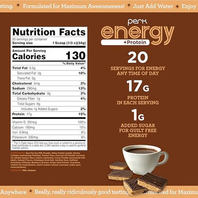 Perk Energy + Protein 20 Serving Chocolate Peanut Butter Flavored Drink Mix Powder 17 Grams Protein Per Serving