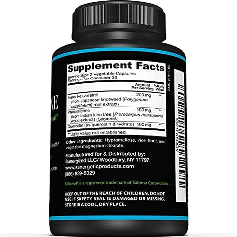 Sunergetic Premium Pterostilbene Supplement " Pterostilbene With Resveratrol & Quercetin " Supports Healthy Aging " Natural Source Pterostilbene 100Mg Per Serving " 60 Capsules