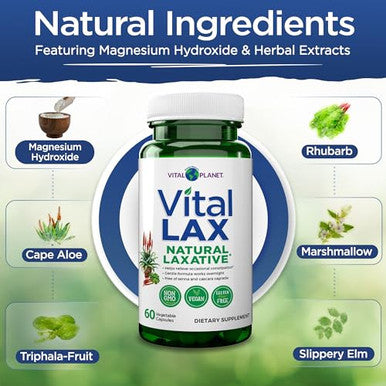 Vital Planet - Vital Lax Natural Laxative Cleanse Supplement For Occasional Constipation With Magnesium Hydroxide Slippery Elm Aloe And Triphala To Support Bowel Regularity 60 Capsules