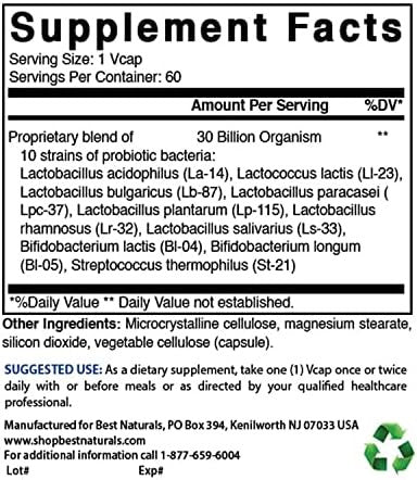 Best Naturals Probiotic 10 Strains & 30 Billion Cfu Intestinal Flora 60 Veggie Capsules (60 Count (Pack Of 1))