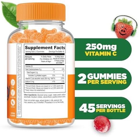 Lifeable Kids Vitamin C Gummies 250mg Great Tasting VIT C Vegan GMOFree Vitamin C Chewable for Immune Support 90 Gummies