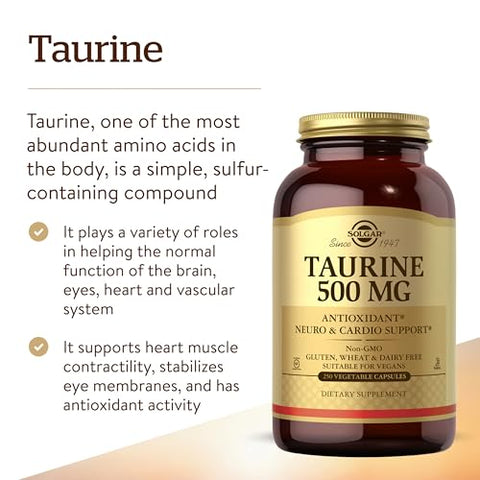 Solgar Taurine 500 Mg 250 Vegetable Capsules - Antioxidant - Brain Health - Amino Acid - Vegan Gluten Free Dairy Free Kosher 250 Servings