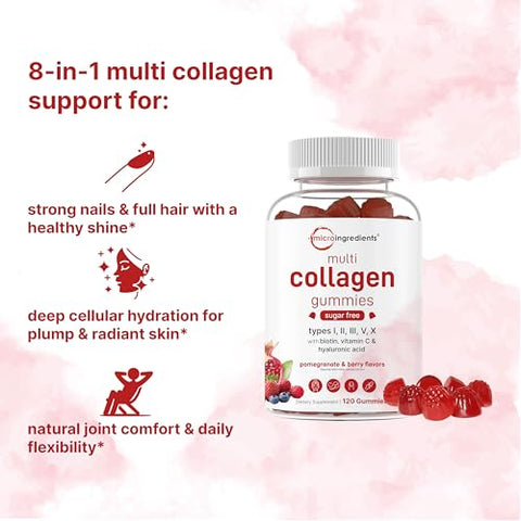 Micro Ingredients Multi Collagen Peptides 120 Collagen Gummies Type IIiIiiVX Protein With Biotin Hyaluronic Acid & Vitamin C Complex Pomegranate & Berry Flavored Sugar Free Non-Gmo