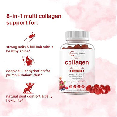 Micro Ingredients Multi Collagen Peptides 120 Collagen Gummies Type IIiIiiVX Protein With Biotin Hyaluronic Acid & Vitamin C Complex Pomegranate & Berry Flavored Sugar Free Non-Gmo