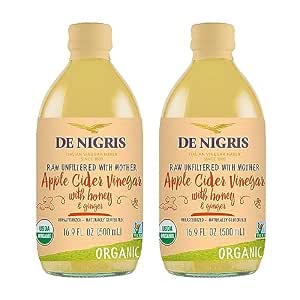 De Nigris Organic Apple Cider Vinegar With Honey & Ginger, Raw & Unfiltered 16,9 Oz (Pack of 2) | Apple Cider Vinegar With Mother For The Balance Of Metabolism, Organic