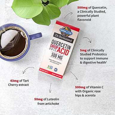Garden Of Life Dr. Formulated Quercetin Drop Uric Acid Support With Tart Cherry Extract Vitamin C & Luteolin Probiotic Gluten-Free Non-Gmo Vegan 60 Tablets