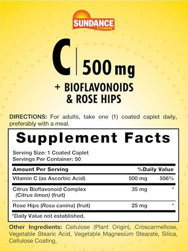 Sundance Vitamin C 500mg with Bioflavonoids and Rose HIPS Vegetarian NonGMO and Gluten Free Supplement
