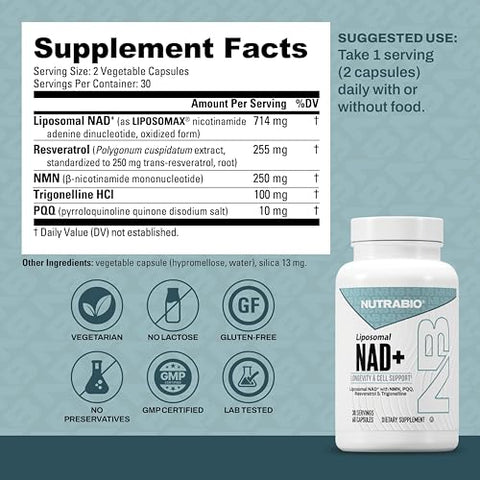 Nutrabio Liposomal Nad Supplement With Resveratrol Nmn & Pqq For Longevity And Cell Support For Men And Women Long-Term Vitality 60 Capsules