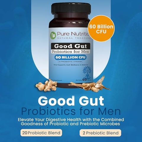 Pure Nutrition Good Gut Men'S Probiotics 60 Billion Cfu 20 Strains 60 Caps Probiotics For Men With Organic Prebiotic Blend Once Daily Non Gmo Gluten Free