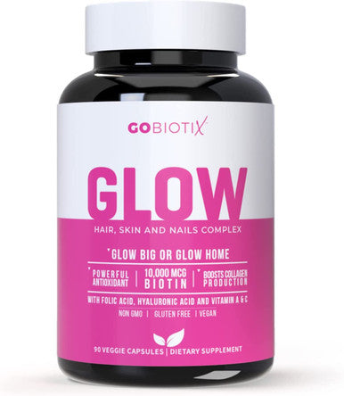 Glow by GoBiotix Hair Skin Nails Multivitamin Supplement 10000mcg Biotin Pills Antioxidant with Hyaluronic Acid Folic Acid Iron Magnesium Zinc Boosts Collagen Production 90 Capsules