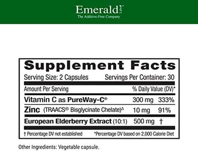 Emerald Labs Elderberry Plus - Digestive & Immune Support With European Elderberry Extract, Vitamin C As Pureway-C & Albion Chelated Zinc - Vegan & Gluten- - 60 Vegetable Capsules (30-Day Supply)