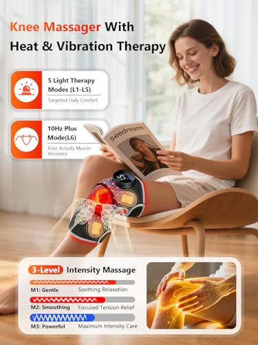 Halidodo Upgrade 4 Massage Area Knee Brace & Red Light Therapy For Knee Cord-Free Rechargeable Controller 20Min Auto Shut-Off 660Nm & 850Nm Red Light Therapy Device For Knee/Elbow/Shoulder.