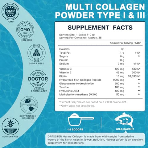 Drfoster Marine Collagen Peptides Powder For Joint Support Hydrolyzed Type I & Iii Fish Collagen With Msm Gc Hyaluronic Acid & Vitamin C For Skin Hair & Nails Wild-Caught Fish 35 Servings