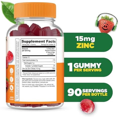 Lifeable Zinc Gummies for Kids |15mg Great Tasting Kids Zinc Supplements GMO Free Vegetarian Zinc Vitamins for Healthy Skin and Immune Support for Kids and Children 90 Gummies