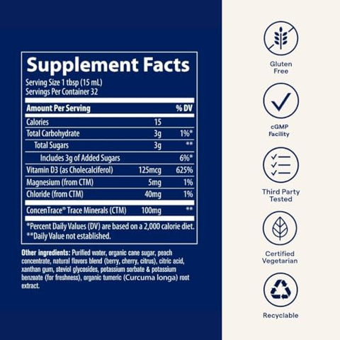 Trace Minerals Liquid Vitamin D3 126mcg (5000 IU) D3 with 72+ Concentrace Ionic Trace Minerals Fast Absorbing High Potency Natural Tropical Cherry Flavor 32 Servings 16 fl oz